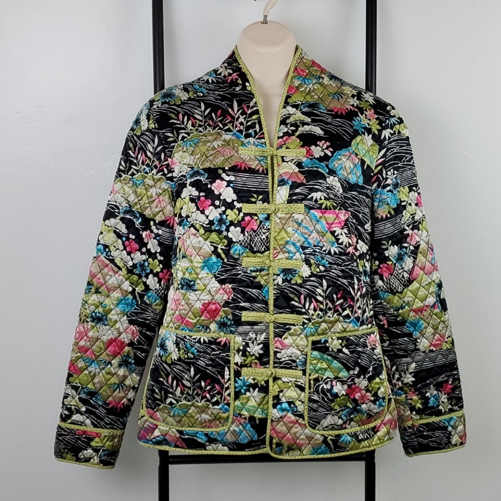 Anne Carson silk quilted Asian print buttons jacket women size S Y2K